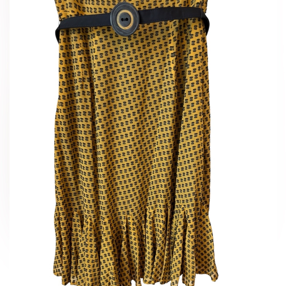 Eva Franco Silk Blend Belted Dress Sz 8 Mustard Yellow Black Pleated Hem Ruched - Picture 9 of 12